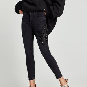 Zara Premium Denim Black Skinny With Jewelry Patches Size 4